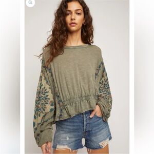 Free People Olive Green Floral Blouse